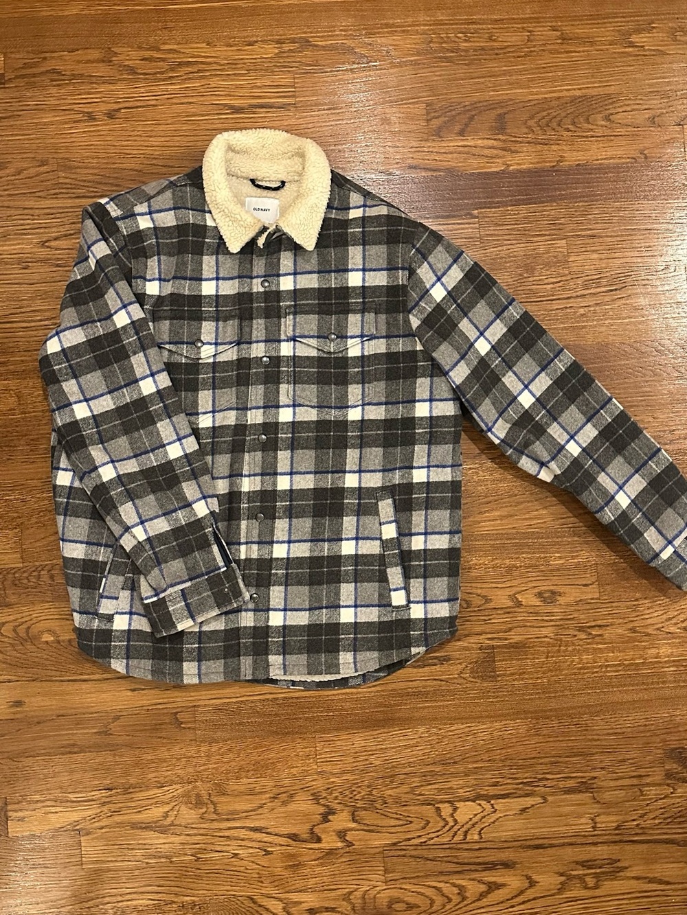 Old Navy Plaid Sherpa Collar Shirt Jacket - Gray, Blue, Cream